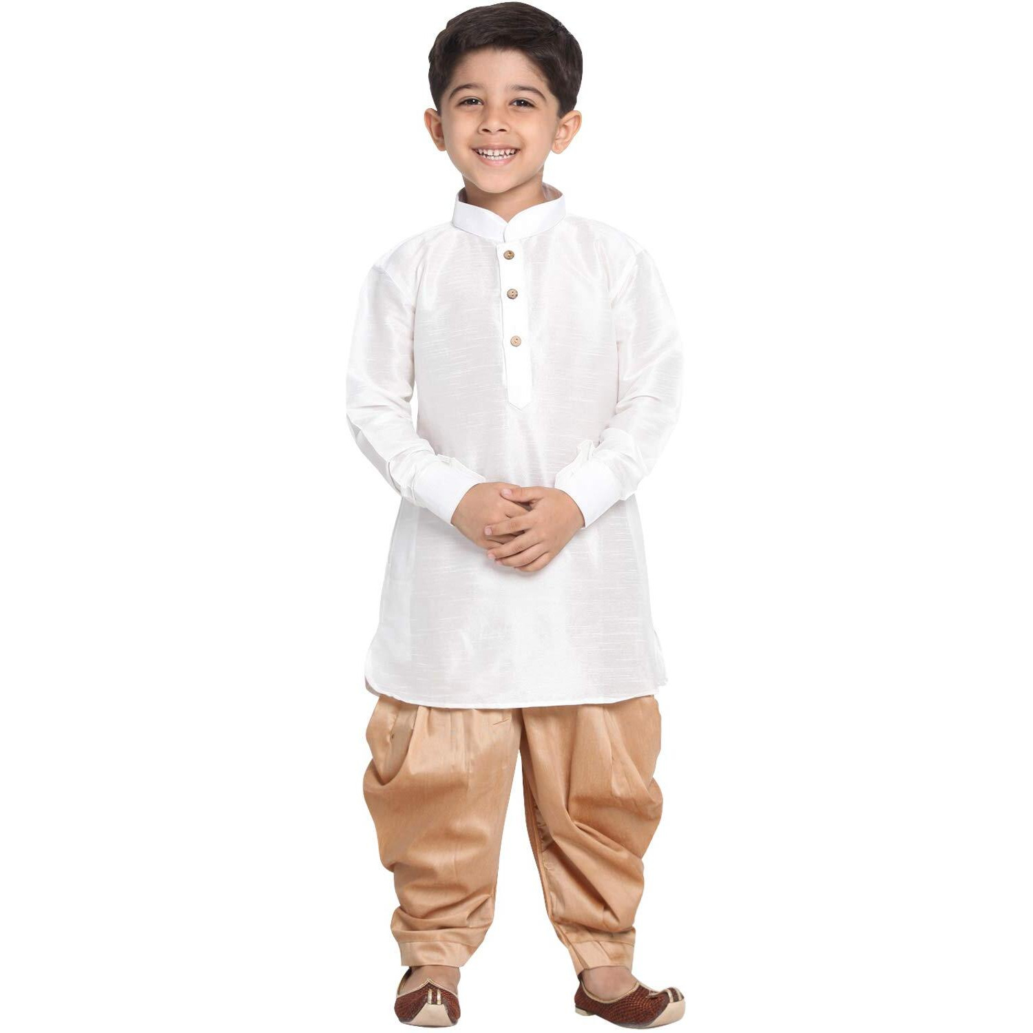 Vastramay Boys White Rose Gold Silk Blend Kurta Dhoti Set For Independence Day - Traditional Ethnic Wear