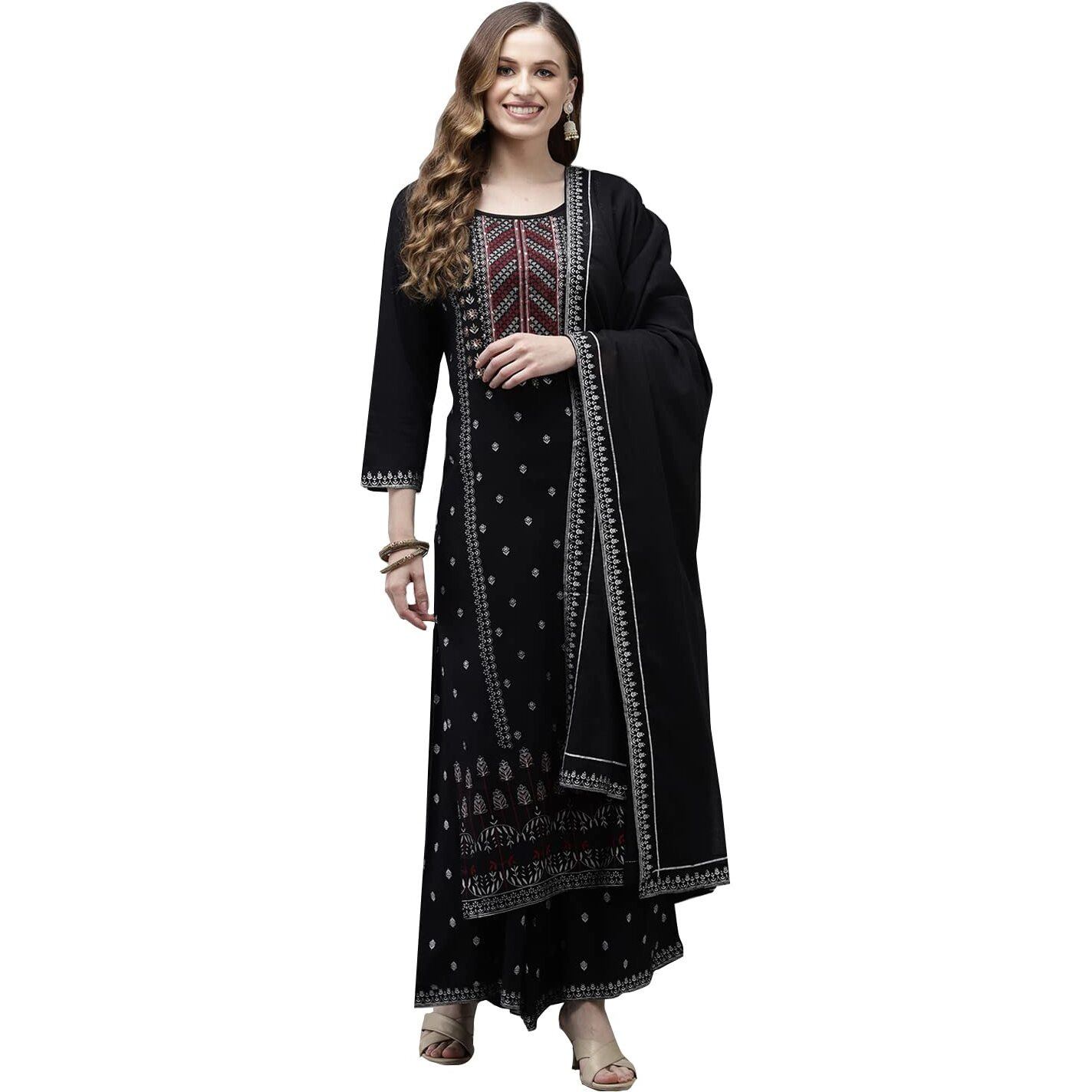 Ishin Women's Viscose Rayon Black Embroidered & Beads And Stones Work A-Line Kurta Suit Set With Dupatta & Palazzo Kplpm-Ff-847D_L_Black