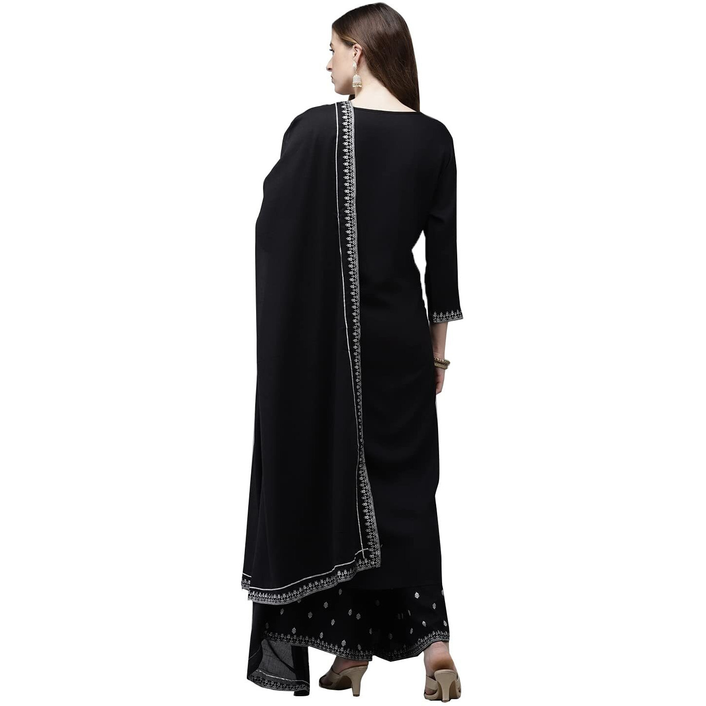 Ishin Women's Viscose Rayon Black Embroidered & Beads And Stones Work A-Line Kurta Suit Set With Dupatta & Palazzo Kplpm-Ff-847D_L_Black