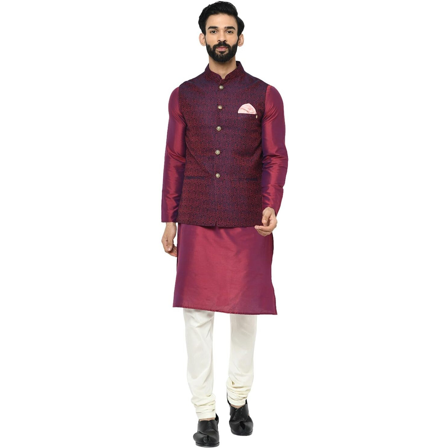 Kisah Men Maroon Off-White Solid Kurta Churidar With Nehru Jacket, Full Sleaves, Knee Length, Straight, Regular Fit, Mandarin Collar Ethnic Wear