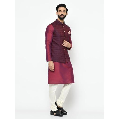 Kisah Men Maroon Off-White Solid Kurta Churidar With Nehru Jacket, Full Sleaves, Knee Length, Straight, Regular Fit, Mandarin Collar Ethnic Wear