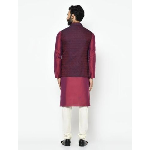Kisah Men Maroon Off-White Solid Kurta Churidar With Nehru Jacket, Full Sleaves, Knee Length, Straight, Regular Fit, Mandarin Collar Ethnic Wear
