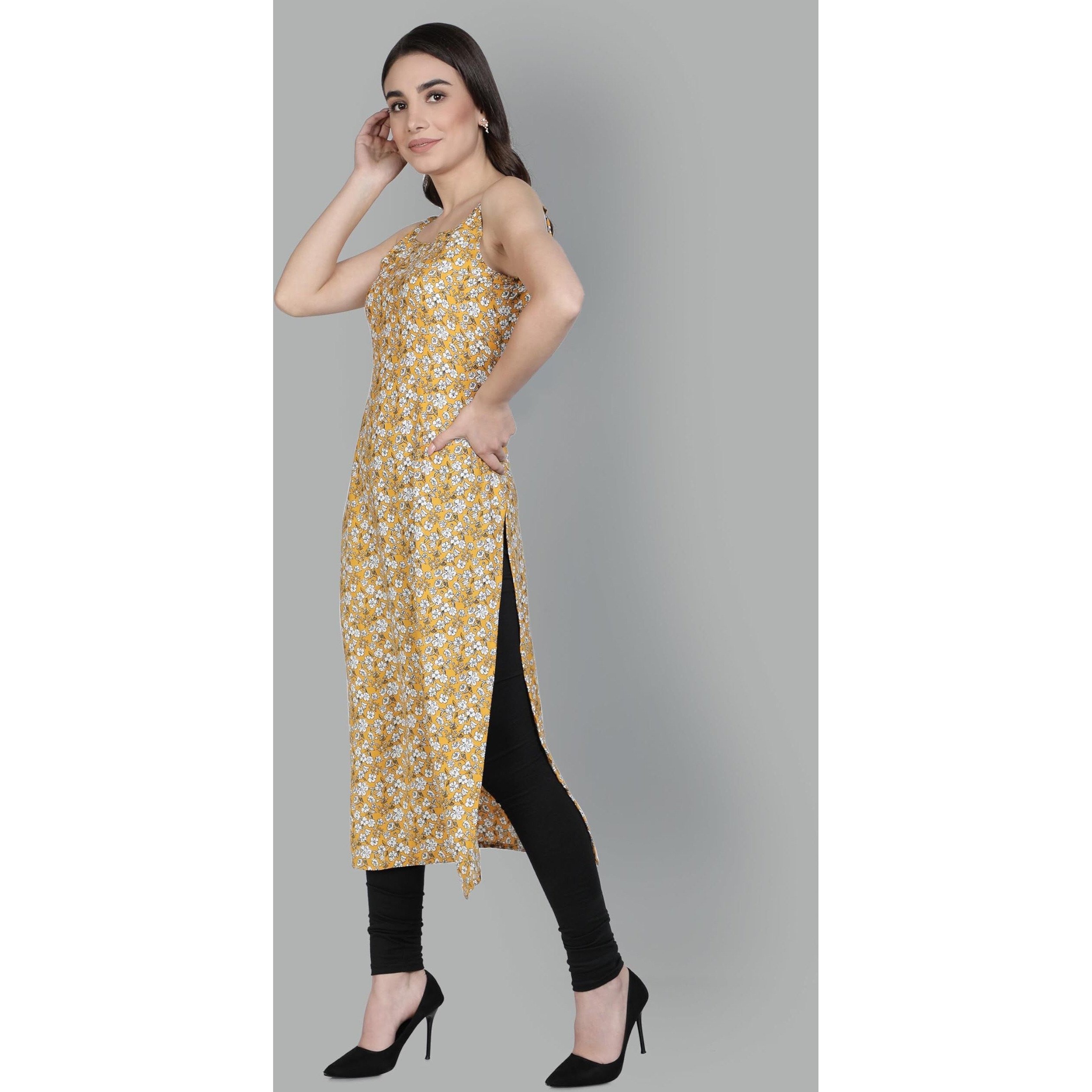 Patlani Women's Crepe Full Stitched Kurti. Yellow