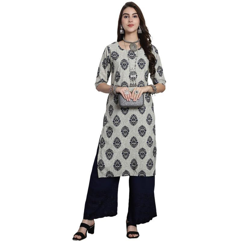 Pinkmint Crepe Printed Straight A-Line Round Neck Stylish Kurti For Women (Pack 1) Olive