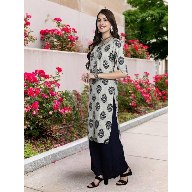 Pinkmint Crepe Printed Straight A-Line Round Neck Stylish Kurti For Women (Pack 1) Olive