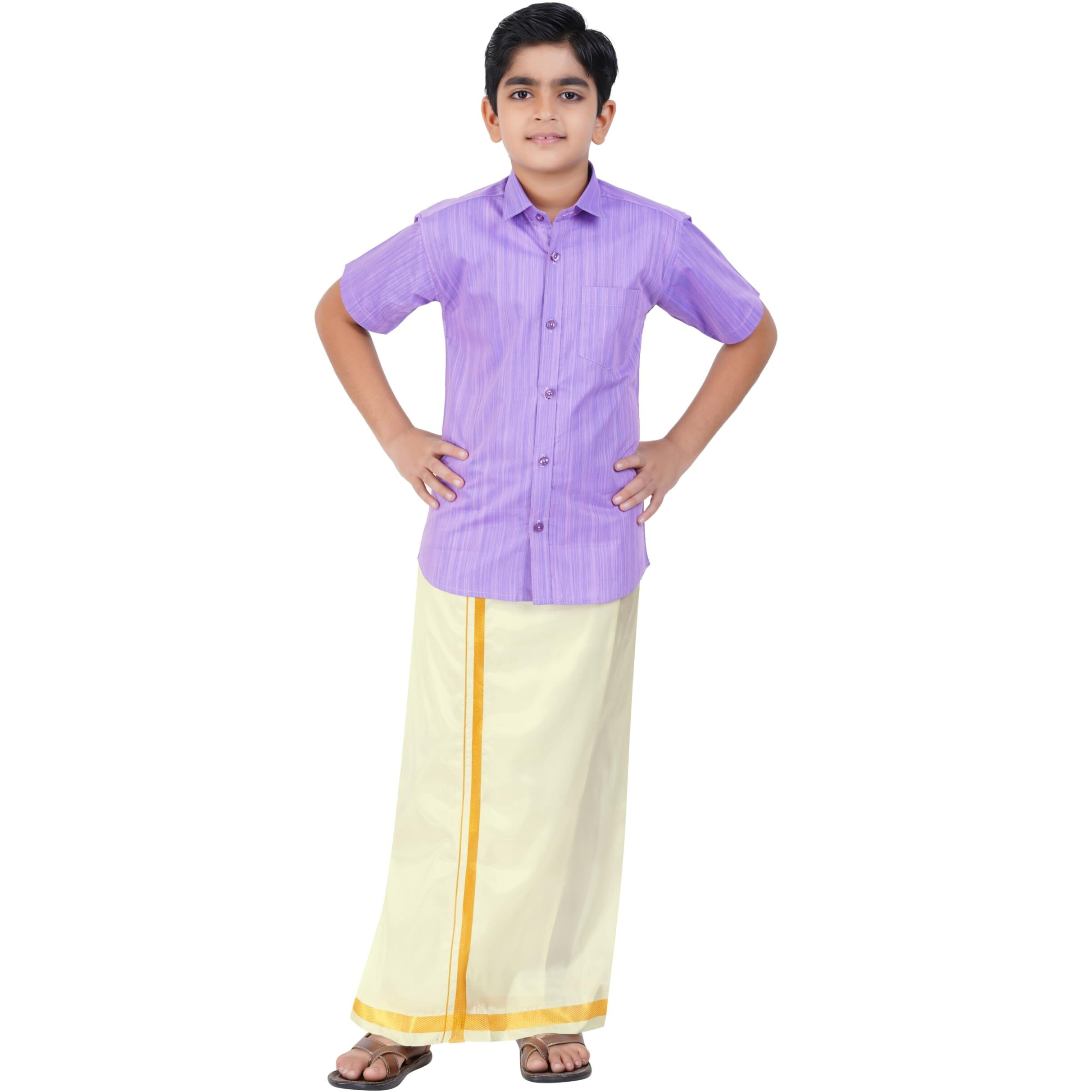 Boys Cotton Half Sleeve Self Design Shirt With Stitched Art Silk Dhoti For Boys (Madriyad-Purple)