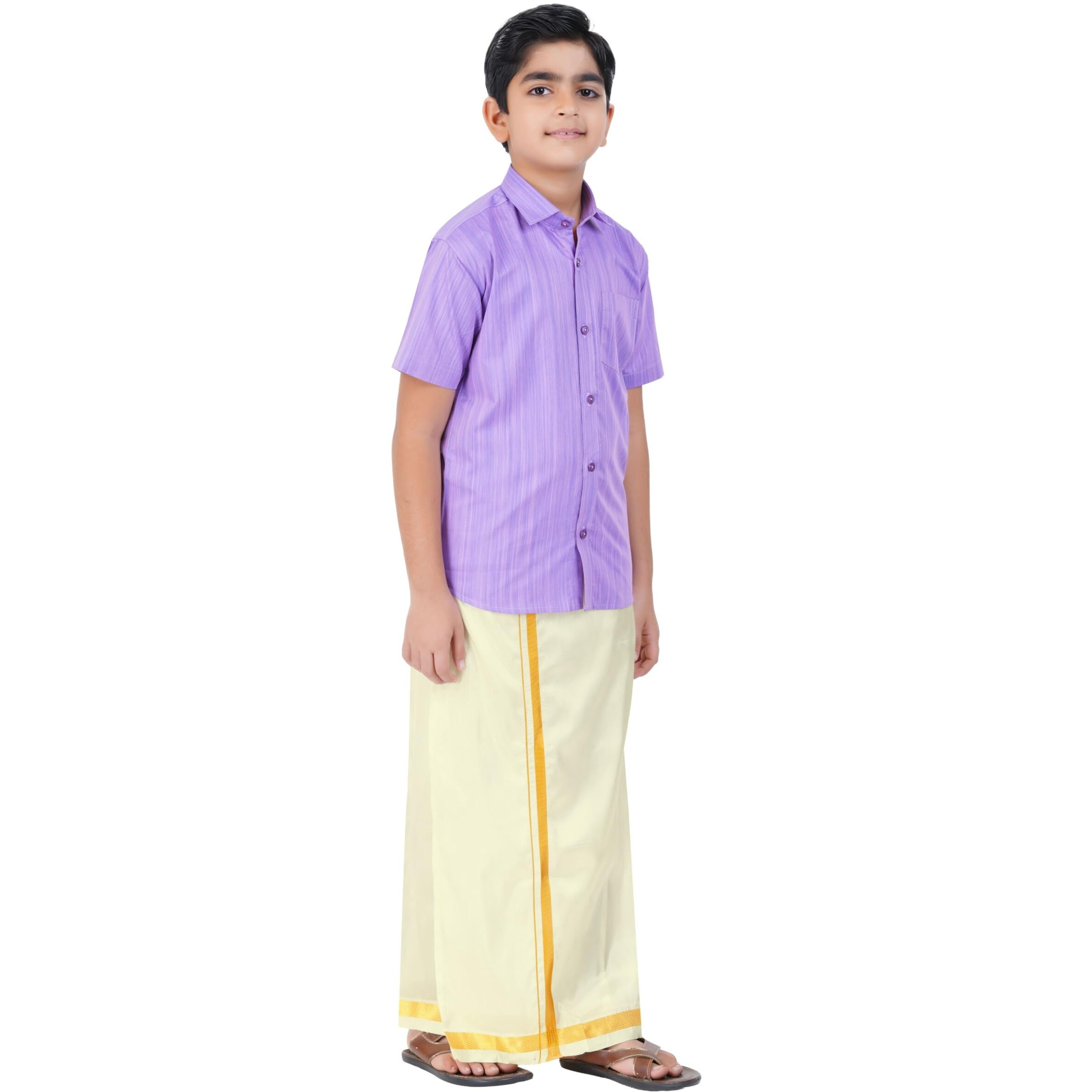 Boys Cotton Half Sleeve Self Design Shirt With Stitched Art Silk Dhoti For Boys (Madriyad-Purple)