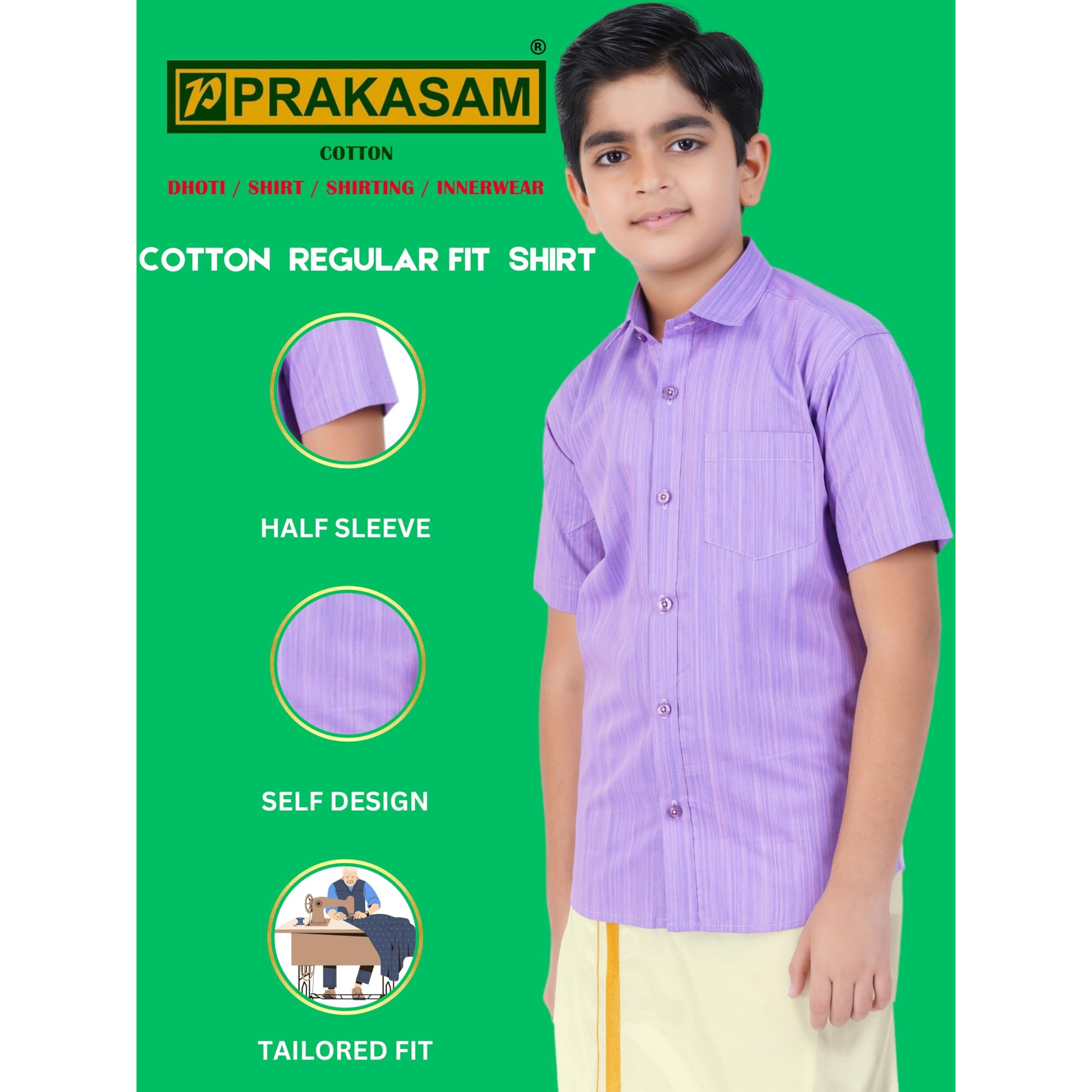 Boys Cotton Half Sleeve Self Design Shirt With Stitched Art Silk Dhoti For Boys (Madriyad-Purple)
