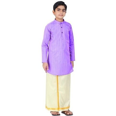 Boys Cotton Long Sleeve Self Design Kurtha With Stitched Art Silk Dhoti For Boys (Madriyad-Purple)