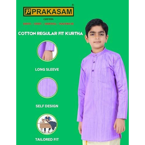 Boys Cotton Long Sleeve Self Design Kurtha With Stitched Art Silk Dhoti For Boys (Madriyad-Purple)