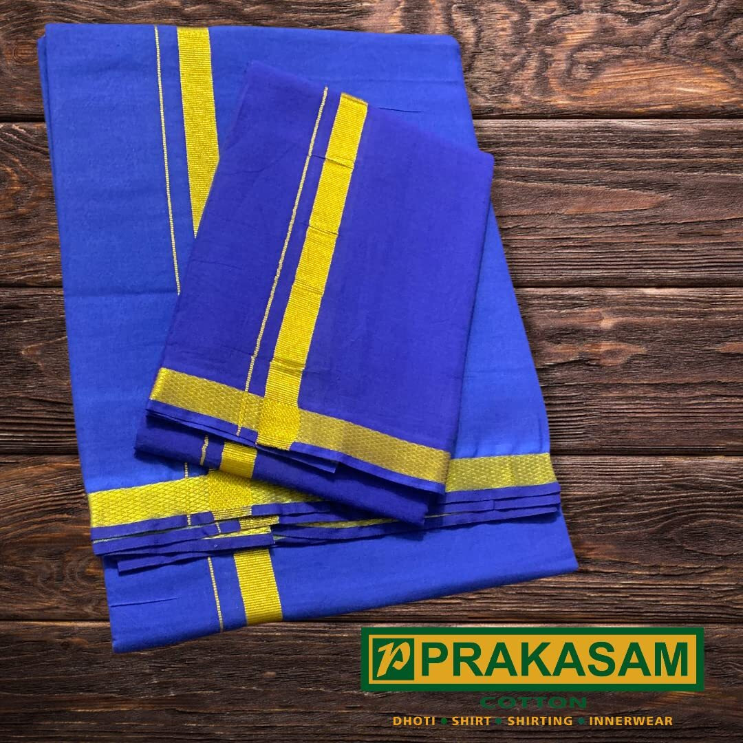 Prakasam Cotton Mens Blue Colour Jari Cotton Dhoti And Angavastram Set (1.30X2.00 Meter Dhoti, 36X1.80 Towel)-(Blue-005)