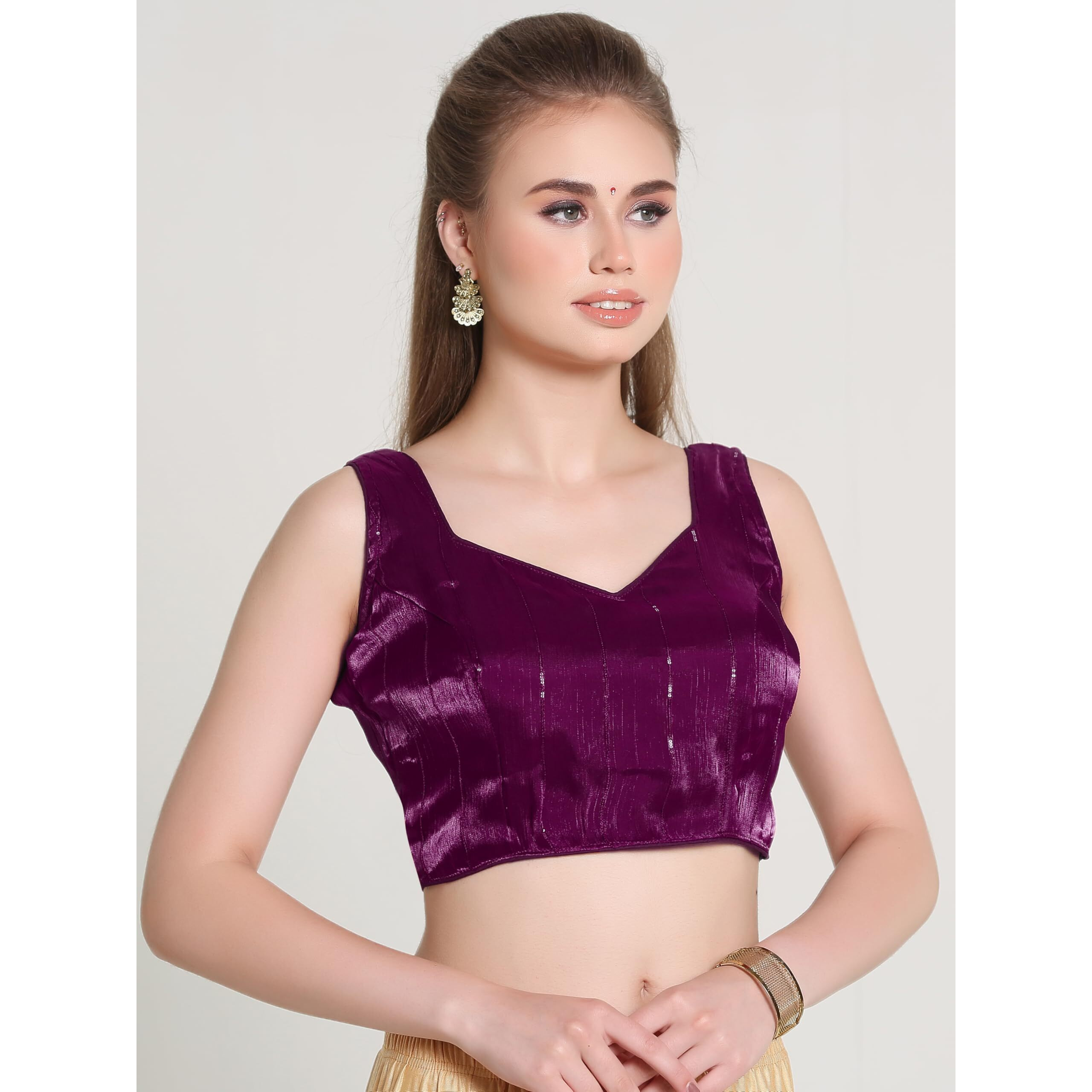 Pujia Mills Woman Wine Designer Zimi Chu Slub Shining Material With Sequnace Work Blouse