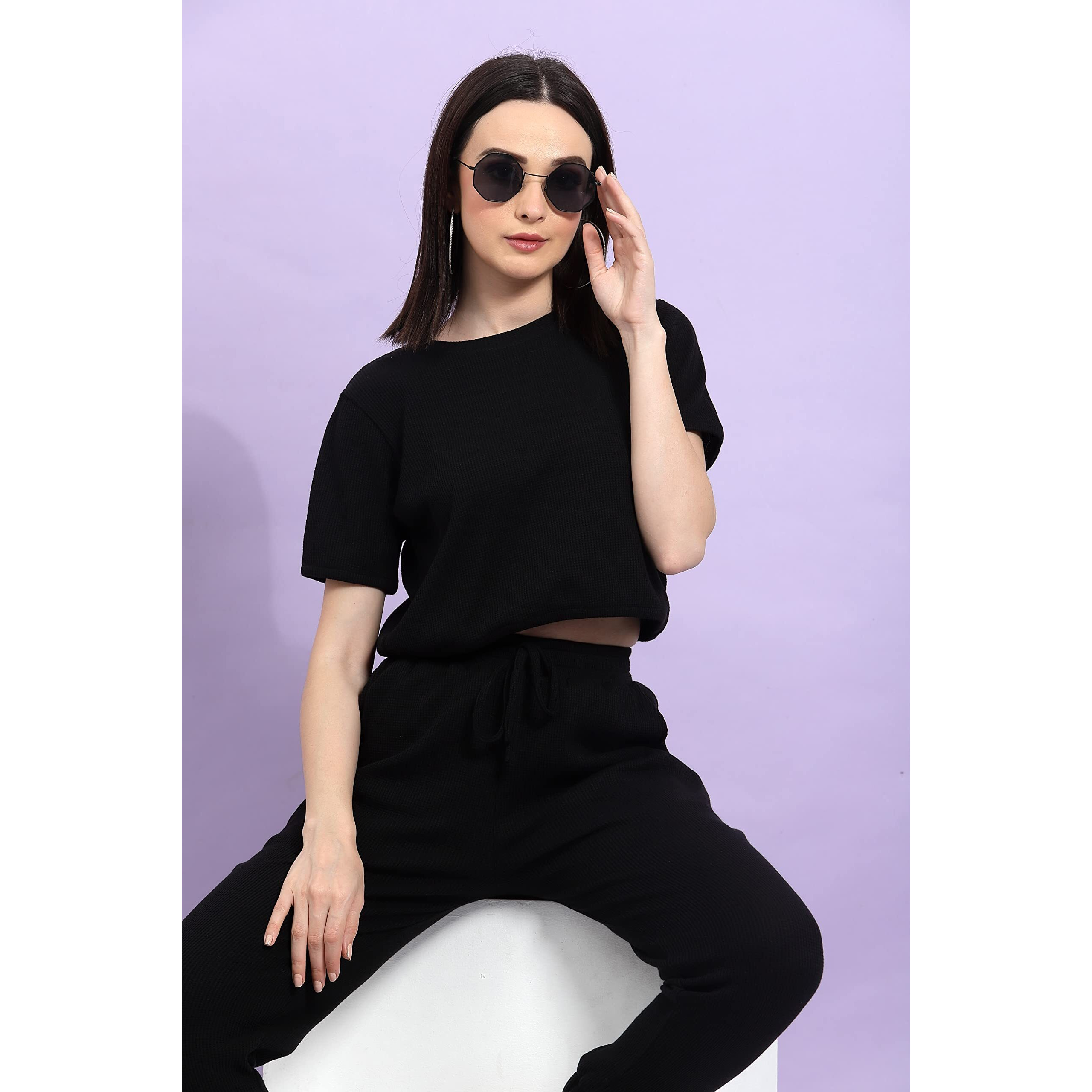 Rigo Women's Cotton Blend Waffle Knit Ankle Length Co-Ord Set (Wtrkst1036-S_Black3
