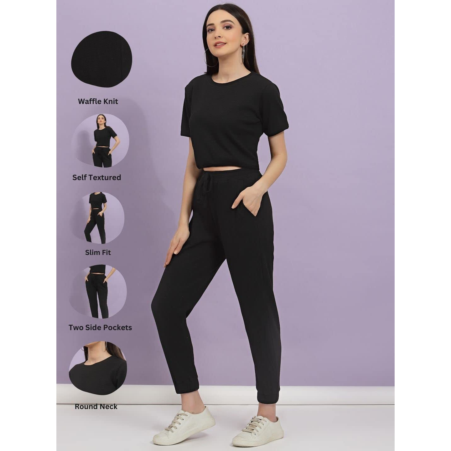 Rigo Women's Cotton Blend Waffle Knit Ankle Length Co-Ord Set (Wtrkst1036-S_Black3