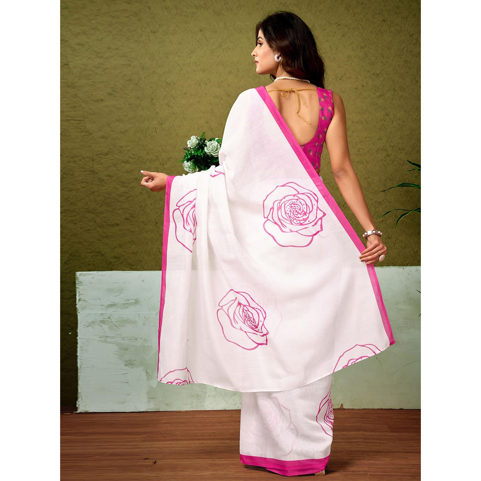 Satrani Women's Chanderi Cotton Printed Ready To Wear One Minute Pre Pleated Readymade Saree With Unstitched Blouse Piece (32Rs297N_Off White)
