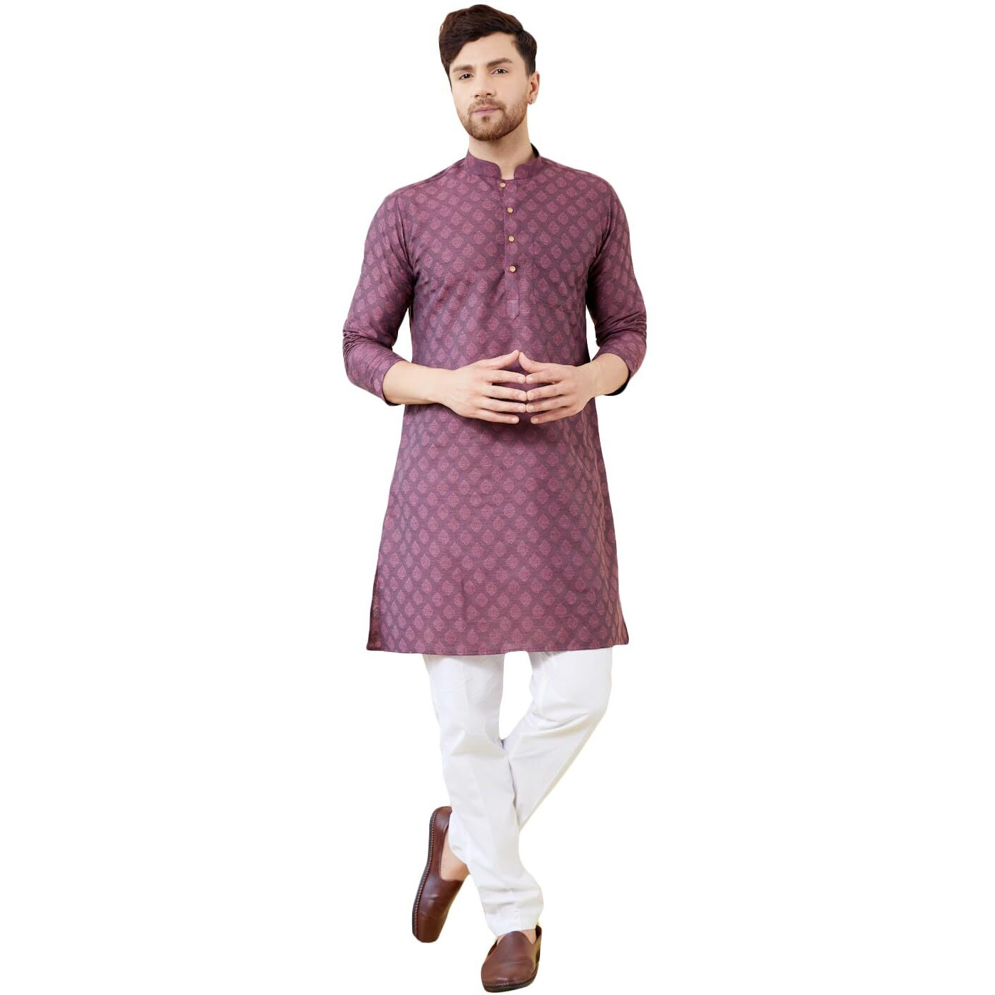 See Designs Men Long Sleeve Side Slit Mandarin Collar Purple Ethnic Motifs Silk Jacquard Woven Design Straight Kurta - Bnrskt715Xs