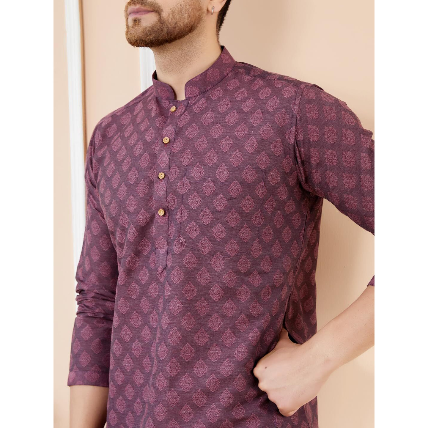 See Designs Men Long Sleeve Side Slit Mandarin Collar Purple Ethnic Motifs Silk Jacquard Woven Design Straight Kurta - Bnrskt715Xs