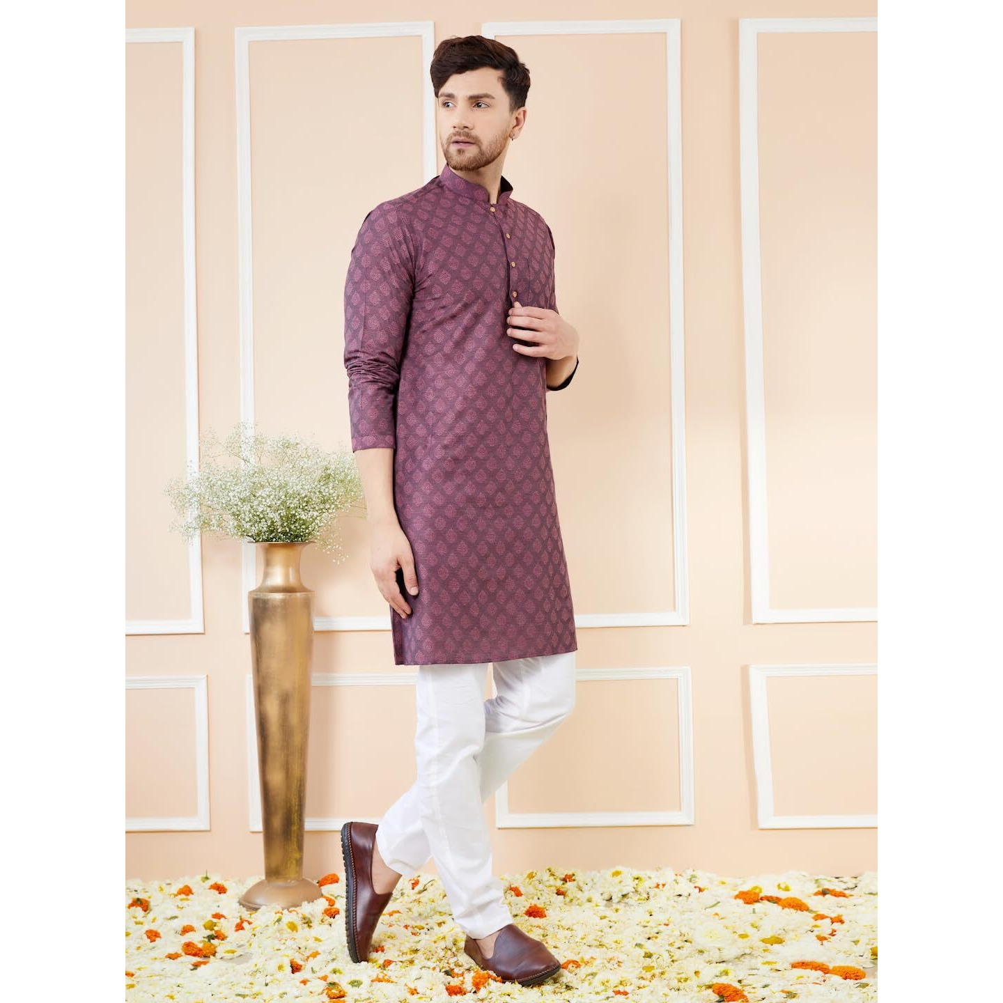 See Designs Men Long Sleeve Side Slit Mandarin Collar Purple Ethnic Motifs Silk Jacquard Woven Design Straight Kurta - Bnrskt715Xs