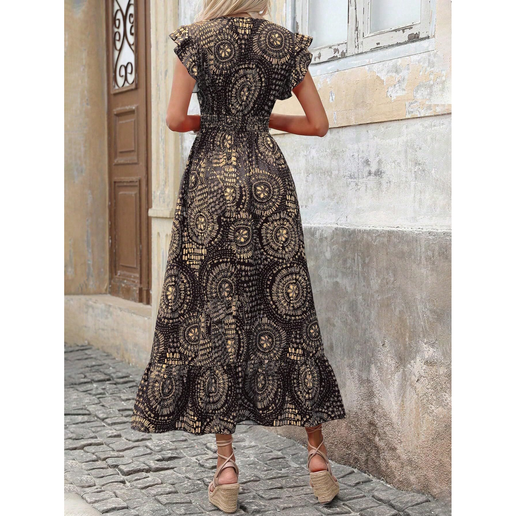 Shasmi Women's & Girl's Boho Black V-Neck Printed Dress With Ruffled Hem And Belted Waist For Vacation, One Piece Maxi For Women's Casual Dresses (Dress 140 Boho Black-2Xl)