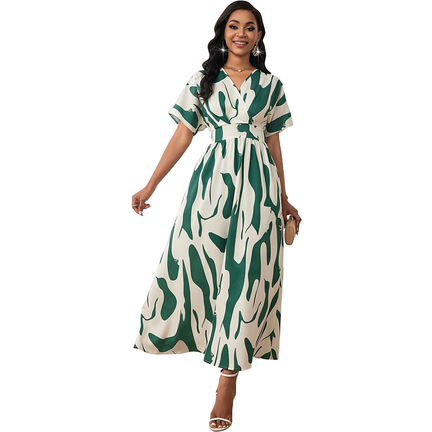 Shasmi Women's & Girl's White Green V-Neck Printed Dress With Ruffled Hem And Belted Waist For Vacation, One Piece Maxi For Women's Casual Dresses (140 Dress White Green-L)