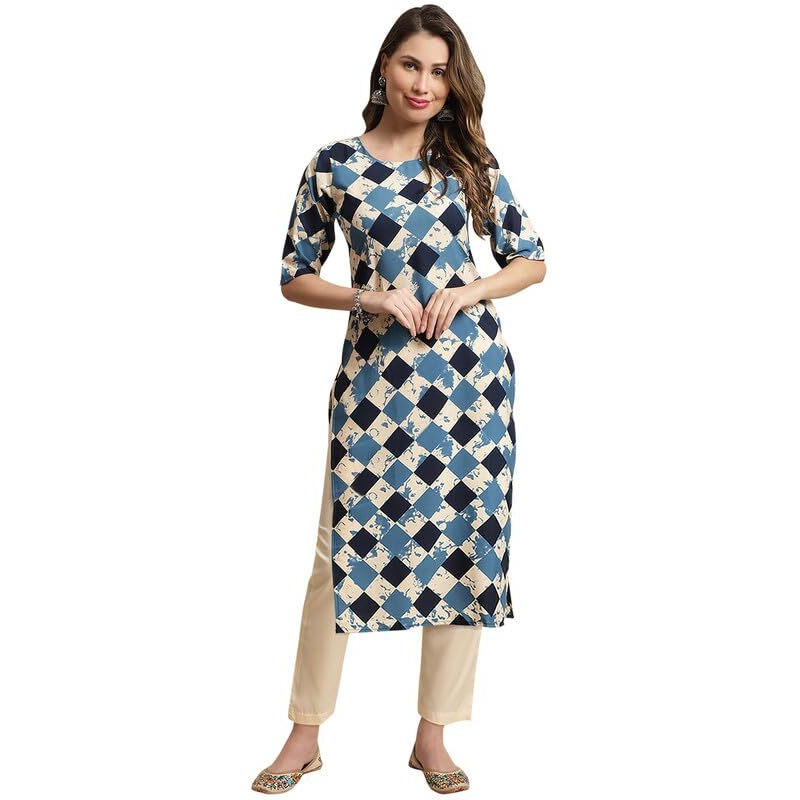 Pinkmint Kurta Set For Women Cotton Printed Knee Length Straight Round Neck Kurti With Pant (Pack Of 1)