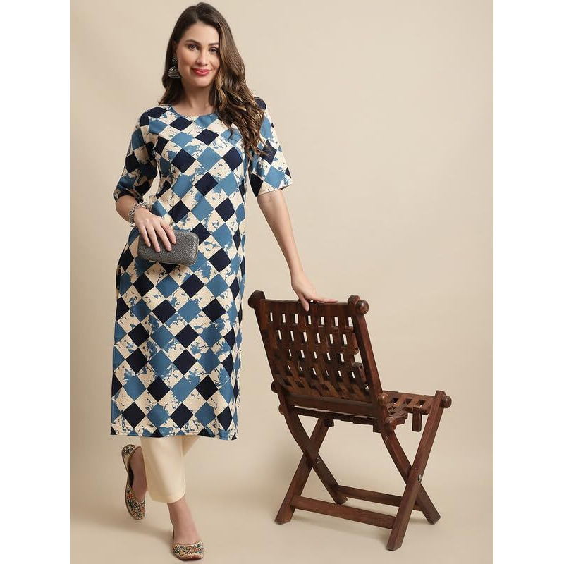 Pinkmint Kurta Set For Women Cotton Printed Knee Length Straight Round Neck Kurti With Pant (Pack Of 1)