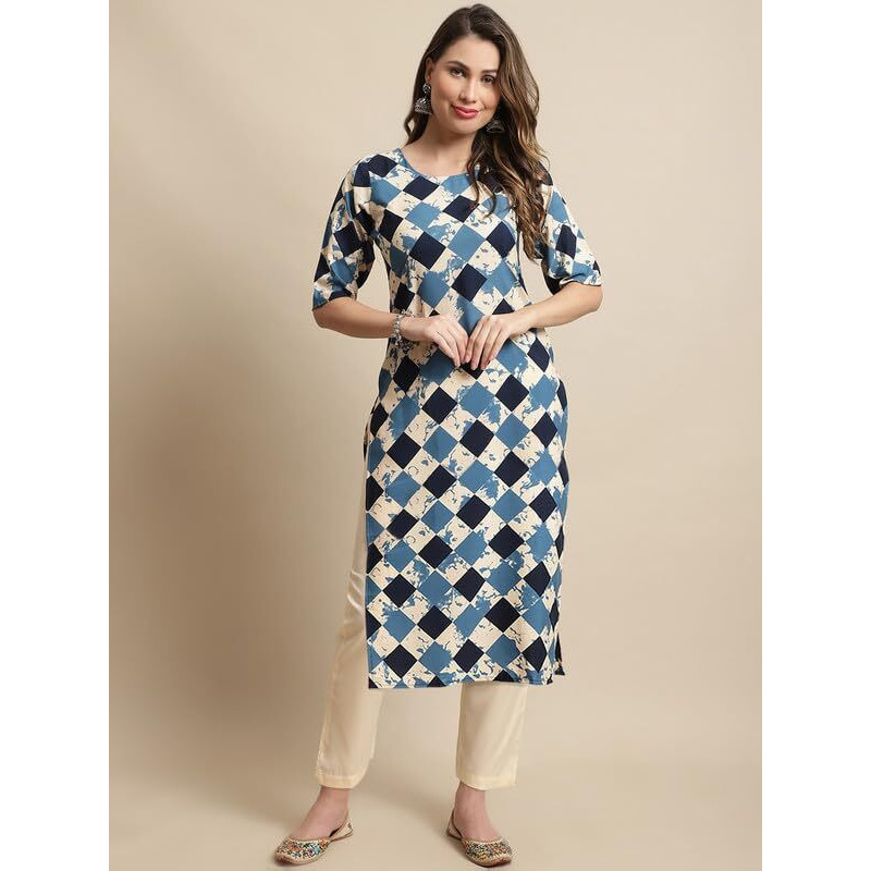 Pinkmint Kurta Set For Women Cotton Printed Knee Length Straight Round Neck Kurti With Pant (Pack Of 1)