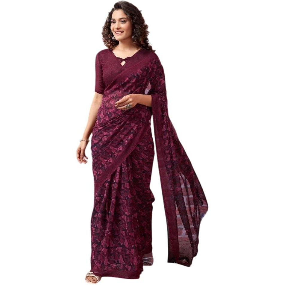 Shiv Textiles Women's Georgette Printed Saree(519S101_Wine)