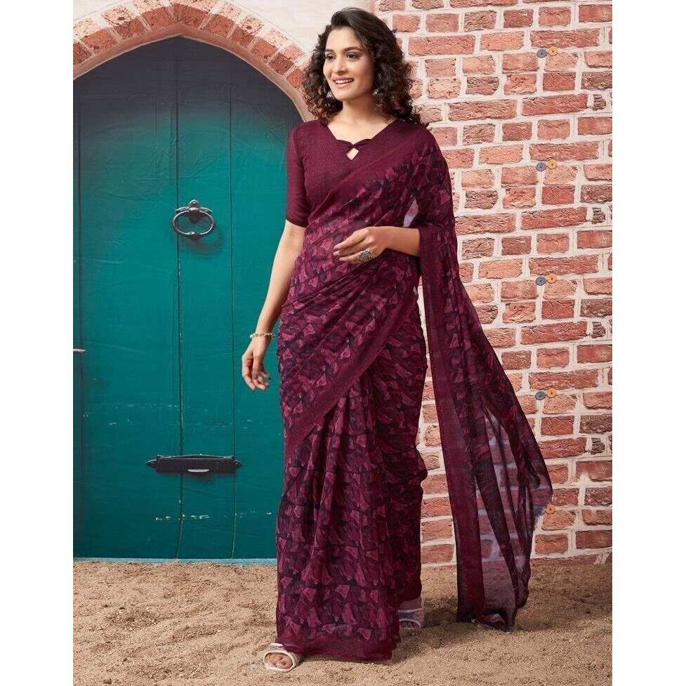 Shiv Textiles Women's Georgette Printed Saree(519S101_Wine)