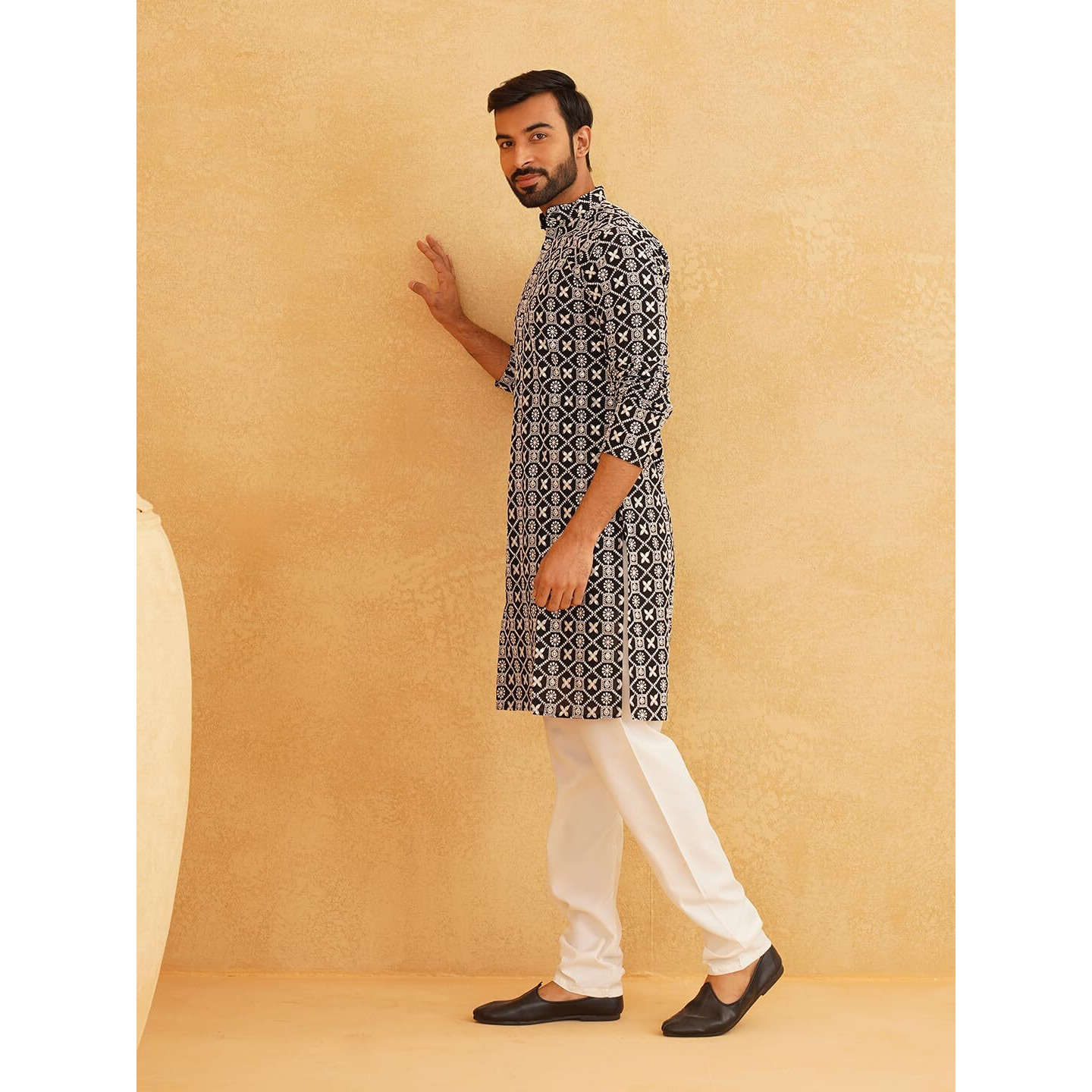 Sojanya (Since 1958 Men's Cotton Gold Sequence Embroidered Black Kurta With White Churidaar Pyjama