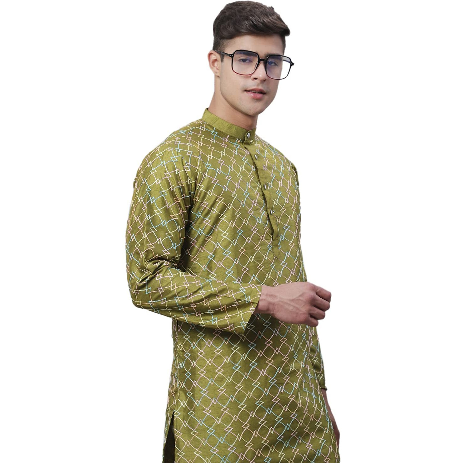 Sojanya (Since 1958 Men's Silk Blend Olive Kurta With Multi Color Embroidery