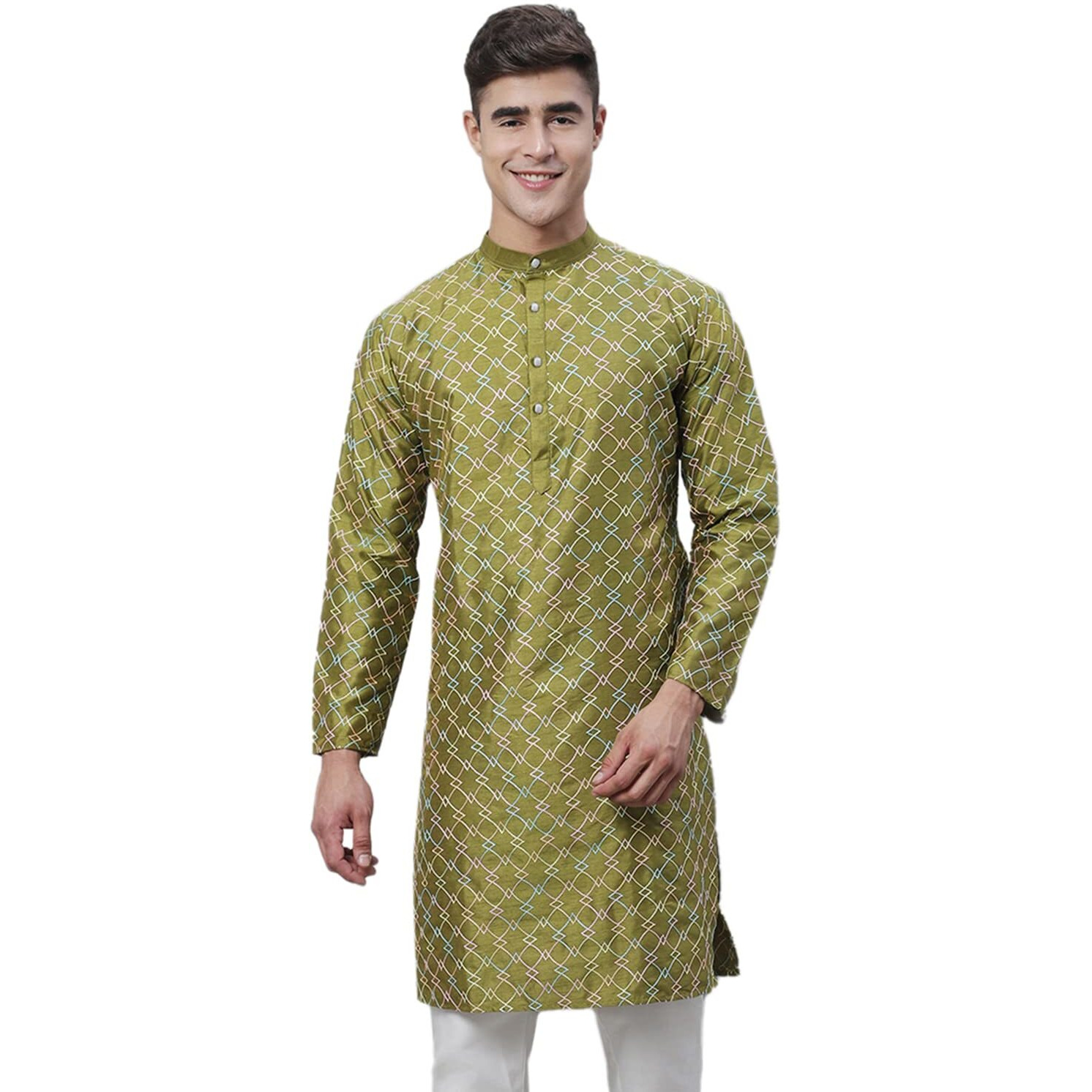 Sojanya (Since 1958 Men's Silk Blend Olive Kurta With Multi Color Embroidery