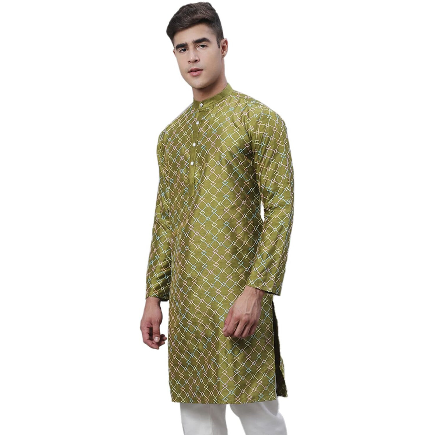 Sojanya (Since 1958 Men's Silk Blend Olive Kurta With Multi Color Embroidery