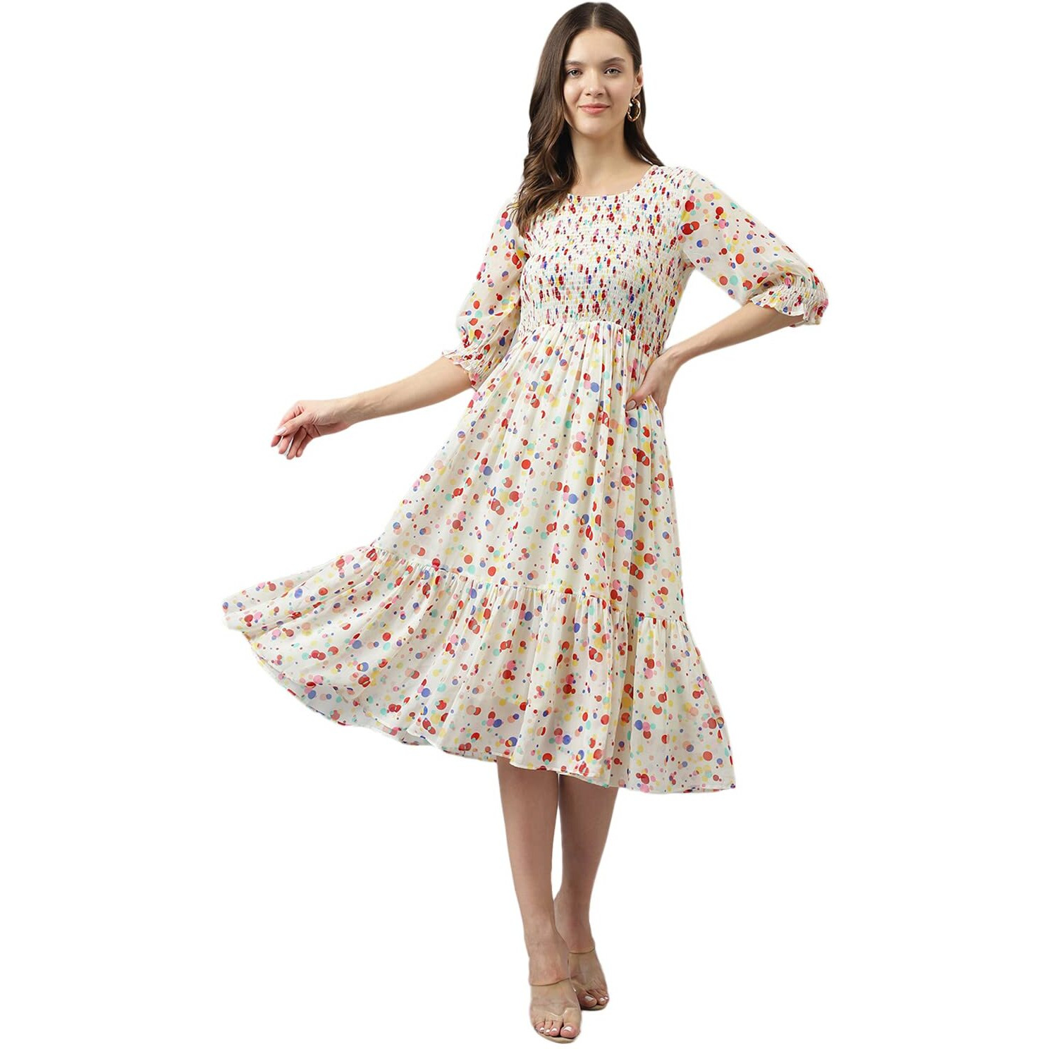 Toochki Women's White Georgette Polka Dot Tiered Western Dress | Dress For Women | A Line Dress | Winter Dress | Western Dress | Latest Women Dress | Trendy Dress | Midi Dress