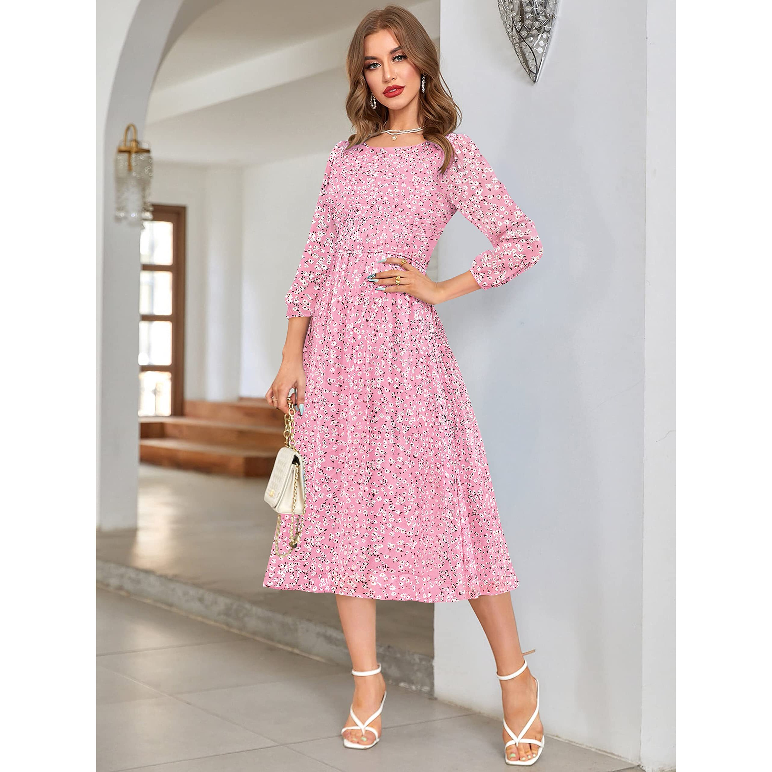 Toochki Pink Georgette Floral Fit & Flared Kurti Kurta Dress For Women A Line Suitable In Summer Trendy Stylish Kurtas