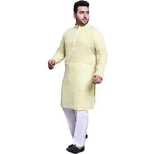 Sojanya (Since 1958 Men's Pure Cotton Yellow Kurta And White Pyjama With Light Green Nehrujacket