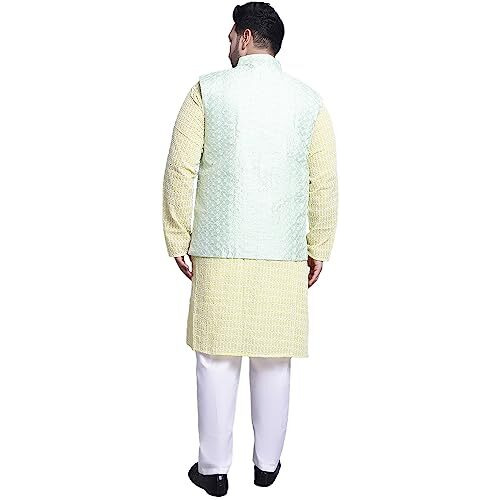 Sojanya (Since 1958 Men's Pure Cotton Yellow Kurta And White Pyjama With Light Green Nehrujacket