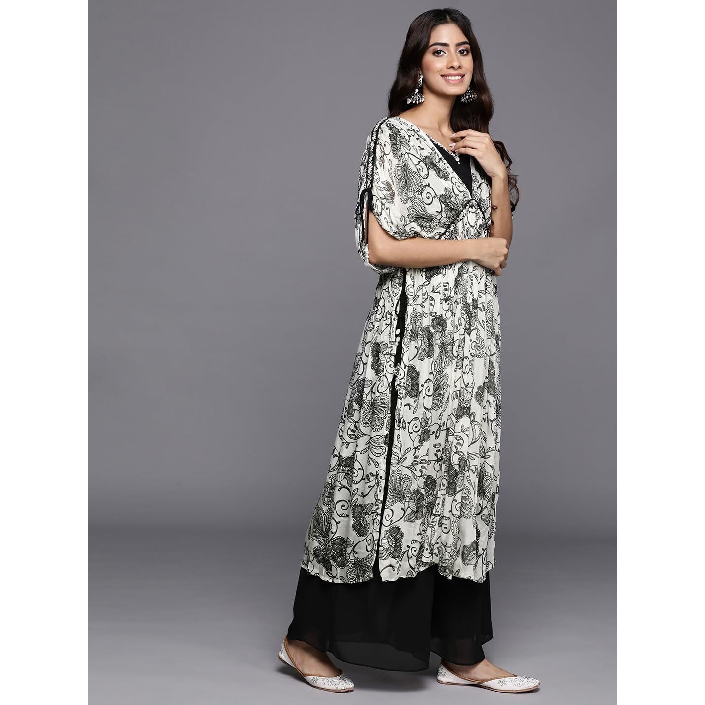 Varanga Women Off-White And Black Floral Printed Pure Silk Chinon, Embroidered V-Neck Aliya Cut Extended Sleeve Kurta Paired With Bottom And Dupatta