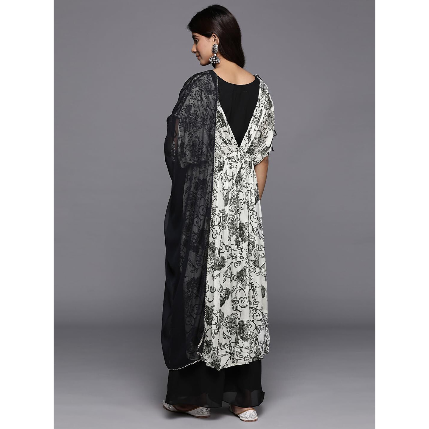 Varanga Women Off-White And Black Floral Printed Pure Silk Chinon, Embroidered V-Neck Aliya Cut Extended Sleeve Kurta Paired With Bottom And Dupatta