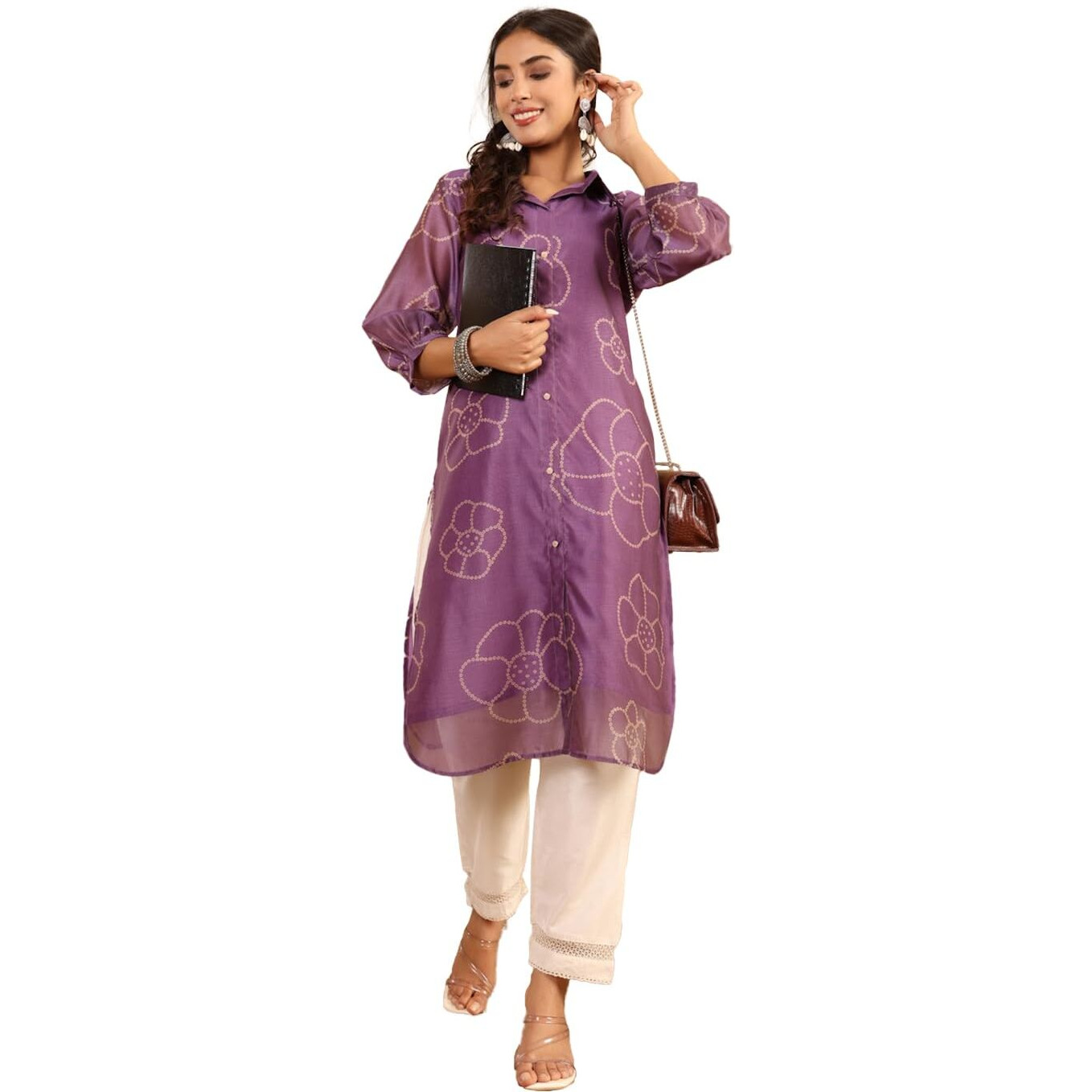Varanga Women Premium Bandhani Floral Printed Shirt Kurta Purple