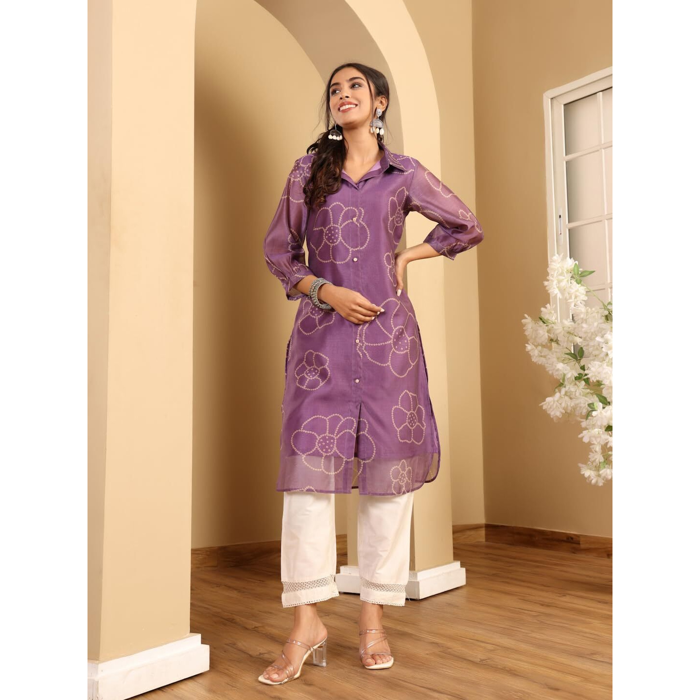 Varanga Women Premium Bandhani Floral Printed Shirt Kurta Purple