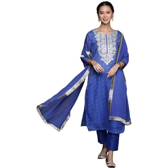 Varanga Blue Bandhani Printed, Gota Pati Embroidered Yoke Straight Kurta Paired With Tonal Bottom And Dupatta