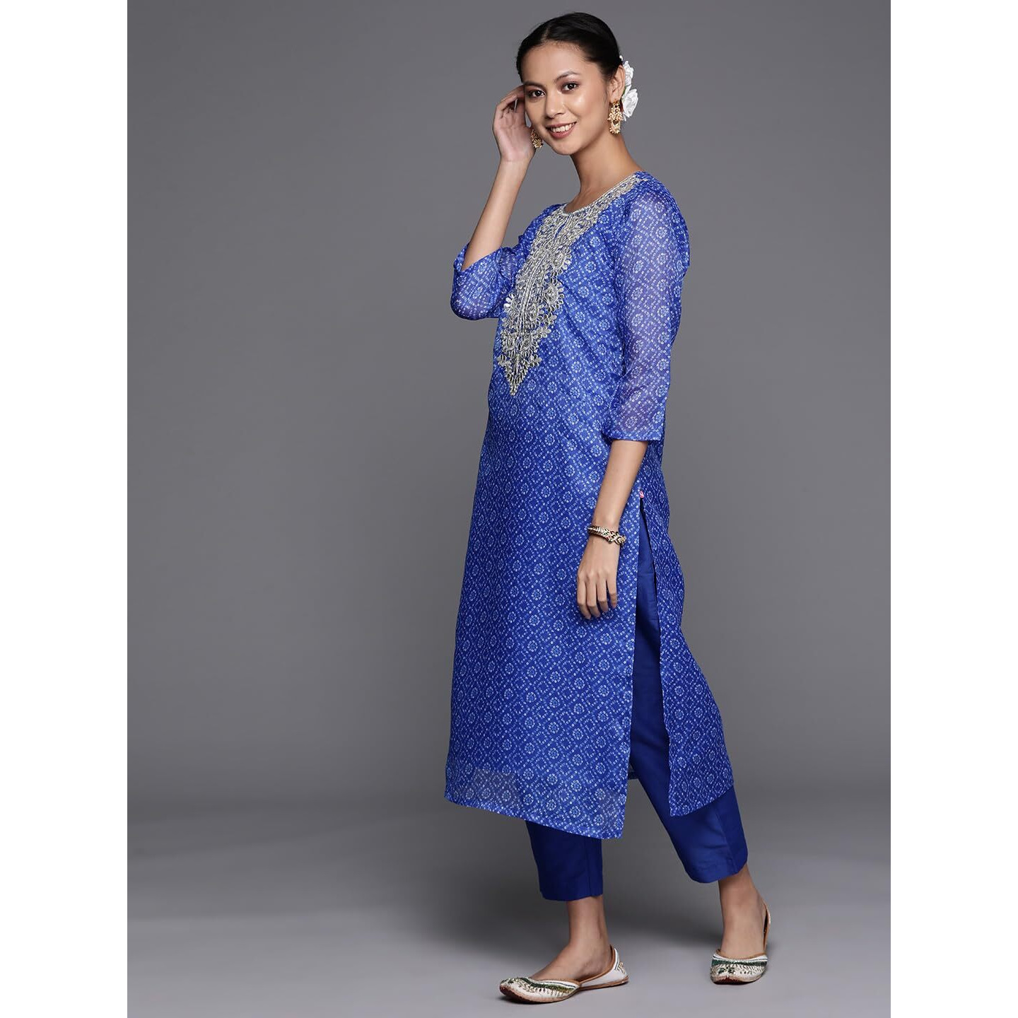 Varanga Blue Bandhani Printed, Gota Pati Embroidered Yoke Straight Kurta Paired With Tonal Bottom And Dupatta