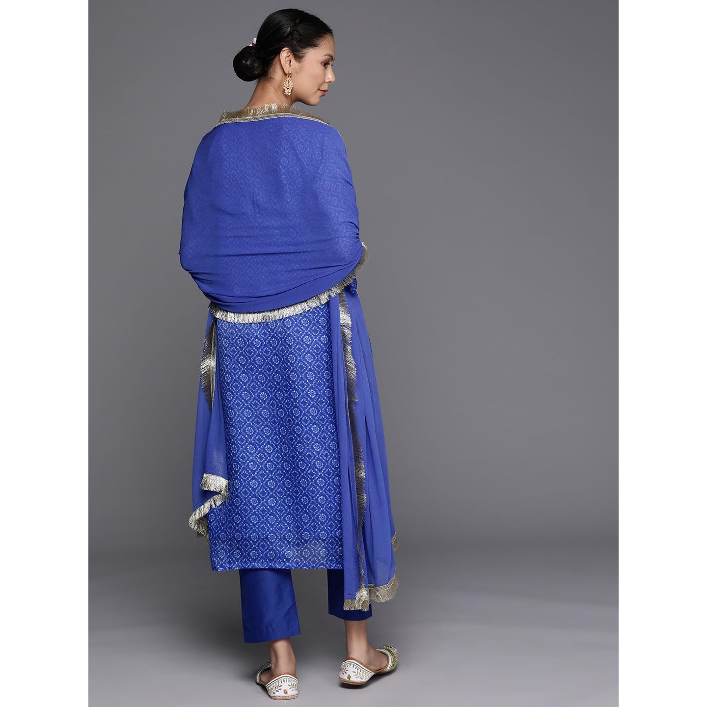 Varanga Blue Bandhani Printed, Gota Pati Embroidered Yoke Straight Kurta Paired With Tonal Bottom And Dupatta