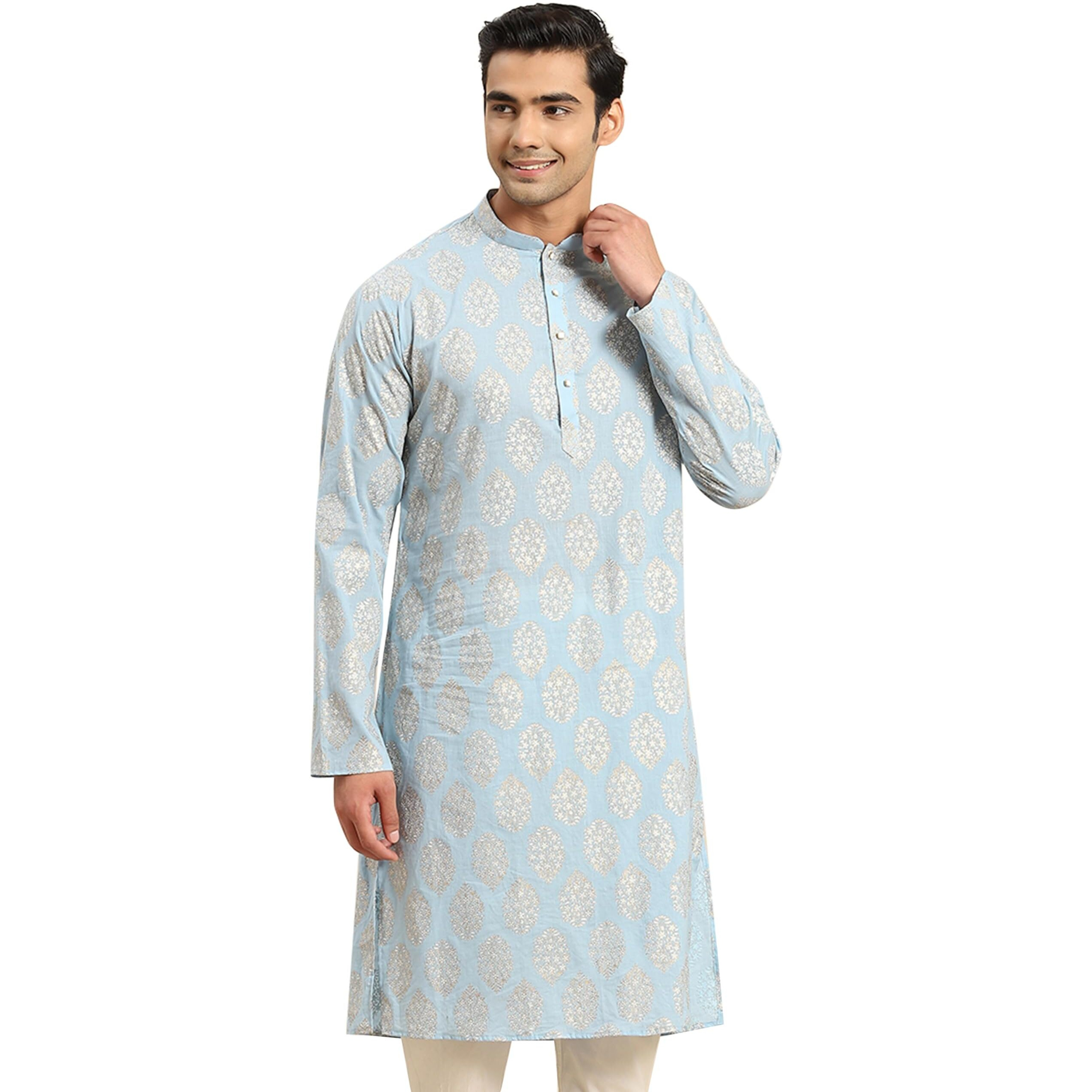 Kisah Mens Kurta, Cotton Blend Block Print Mandarin Collar Long Sleeves, Blue Ethnic Wear For Men, 44