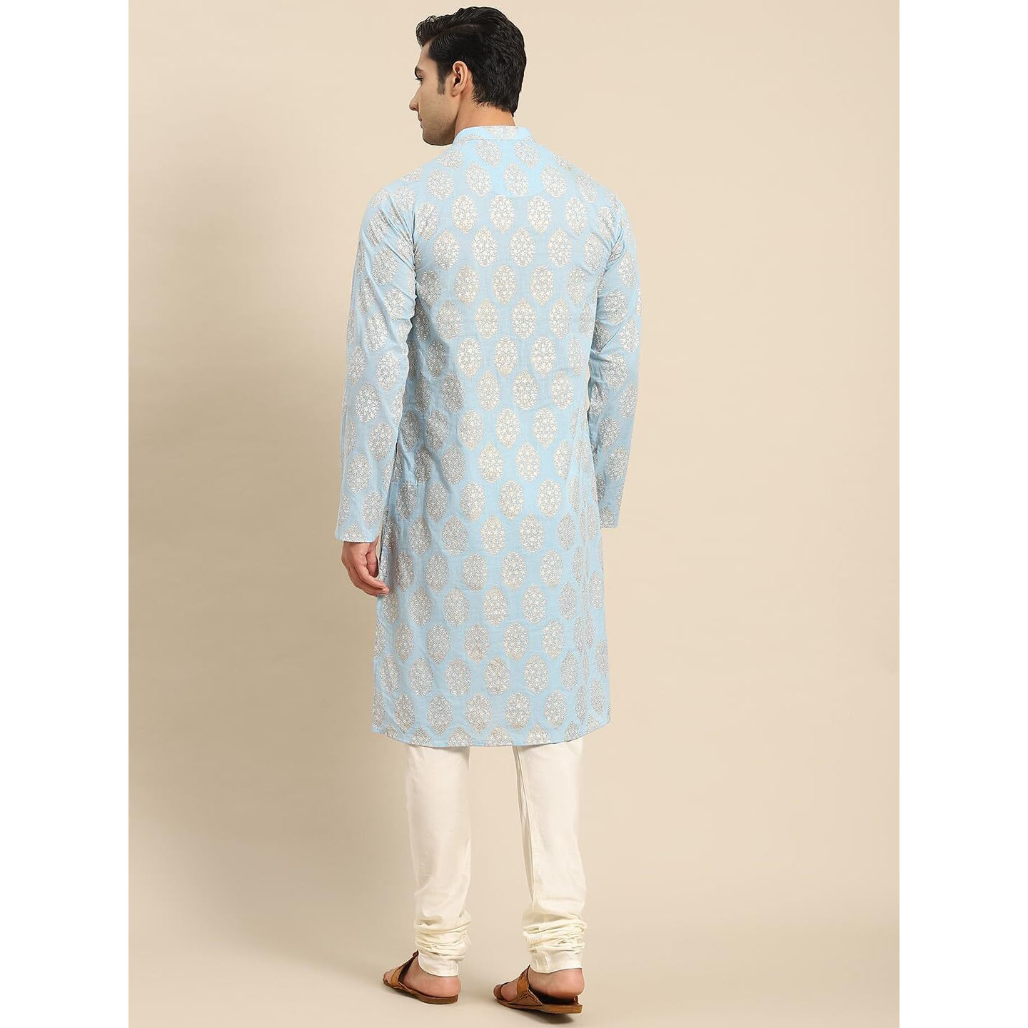 Kisah Mens Kurta, Cotton Blend Block Print Mandarin Collar Long Sleeves, Blue Ethnic Wear For Men, 44