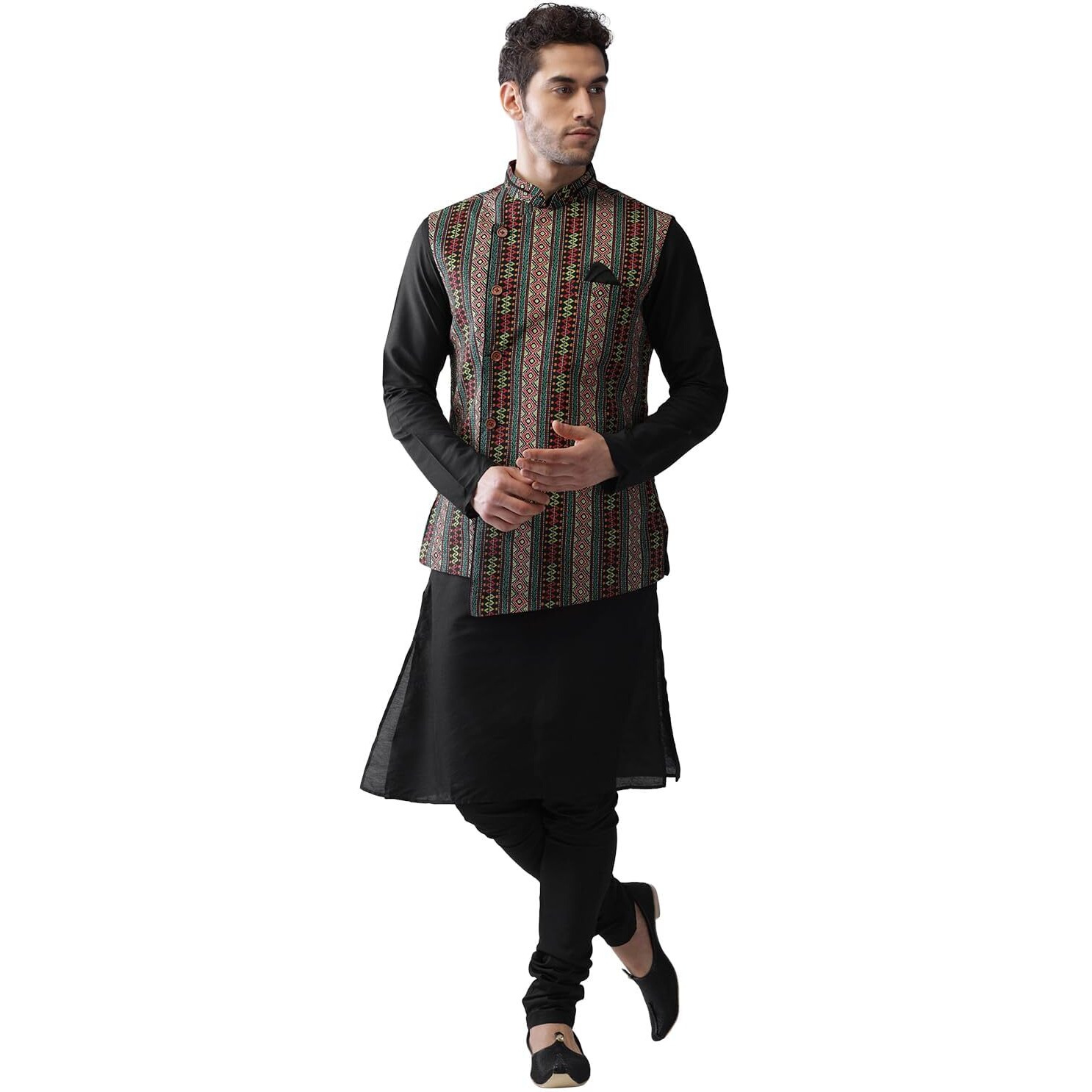 Kisah Men Printed Kurta Jacket Set, Full Sleaves, Knee Length, Straight, Regular Fit, Mandarin Collar Ethnic Wear