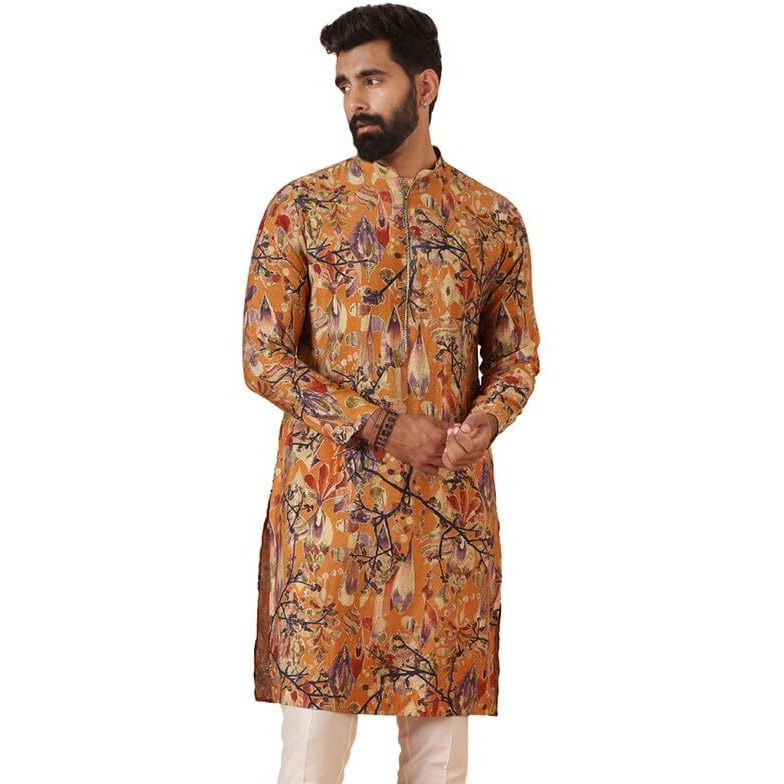Kisah Mens Kurta|Blended Fabric Printed Pattern Fashionable Mens Ethnic Wear|Regular Fit Mandarin Collar Long Sleeves, Yellow, 38