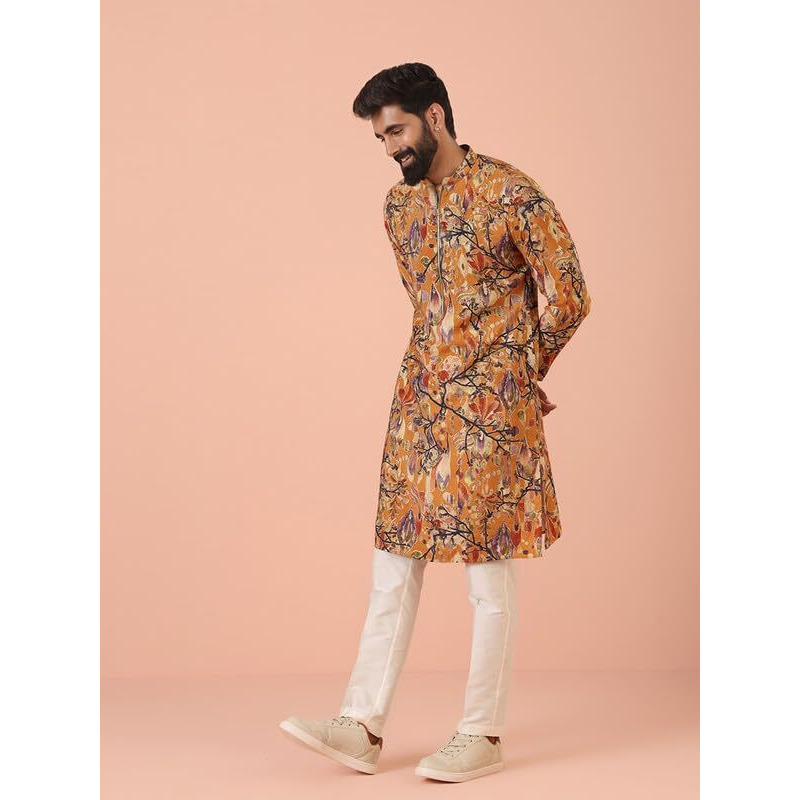 Kisah Mens Kurta|Blended Fabric Printed Pattern Fashionable Mens Ethnic Wear|Regular Fit Mandarin Collar Long Sleeves, Yellow, 38
