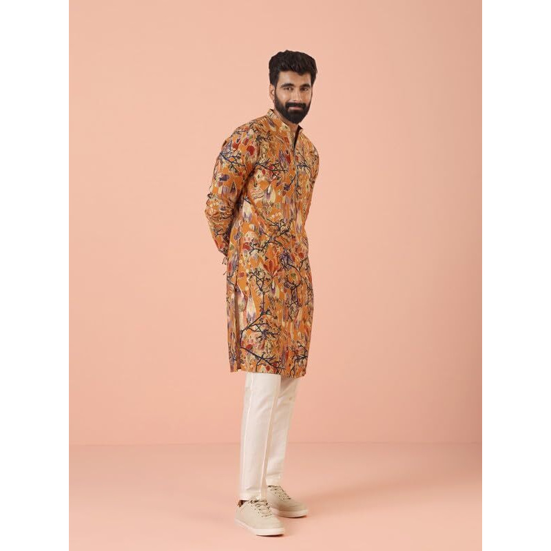 Kisah Mens Kurta|Blended Fabric Printed Pattern Fashionable Mens Ethnic Wear|Regular Fit Mandarin Collar Long Sleeves, Yellow, 38